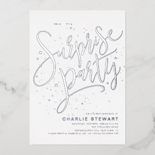 Silver Modern Simple Script Surprise Party Folieneinladung