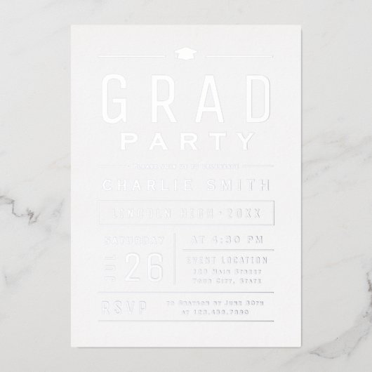 Silver Modern Simple Typografy Graduation Party Folieneinladung (Vorderseite)