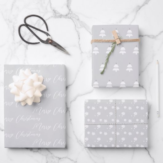 Silver & Modern White Christmas Tree Geschenkpapier Set (Vorderseite)