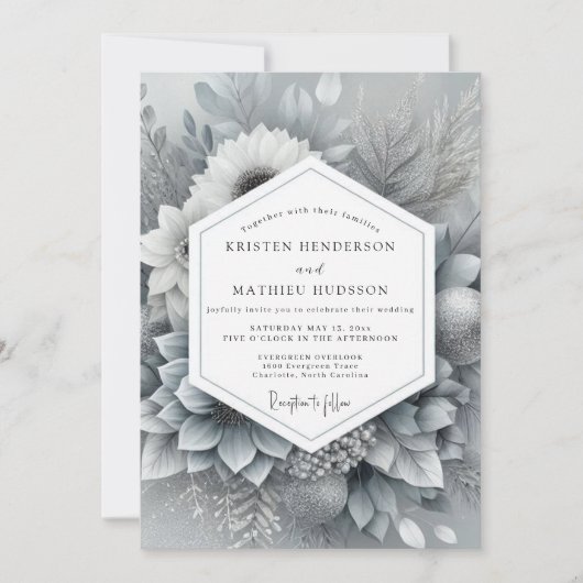 Silver Monochromatic Bloom Wedding Einladung (Vorderseite)