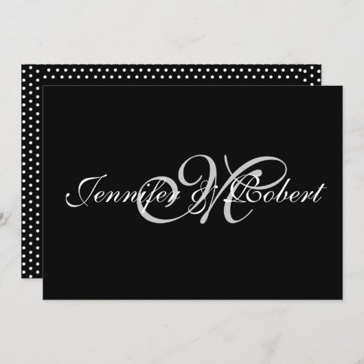 Silver Monogram auf Schwarz mit Polka Dots Einladung (Vorne/Hinten)