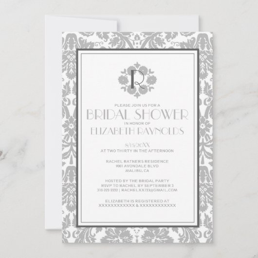 Silver Monogram Damask Bridal Shower Einladungen (Vorderseite)
