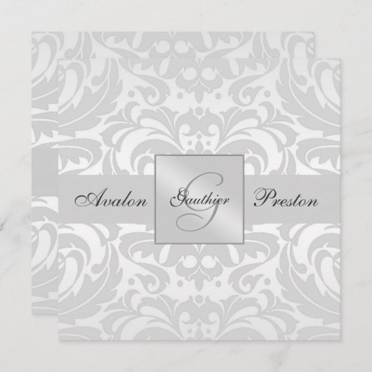 Silver Monogram Damask Hochzeitseinladung Einladung (Vorne/Hinten)