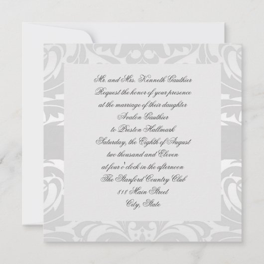 Silver Monogram Damask Hochzeitseinladung Einladung (Rückseite)
