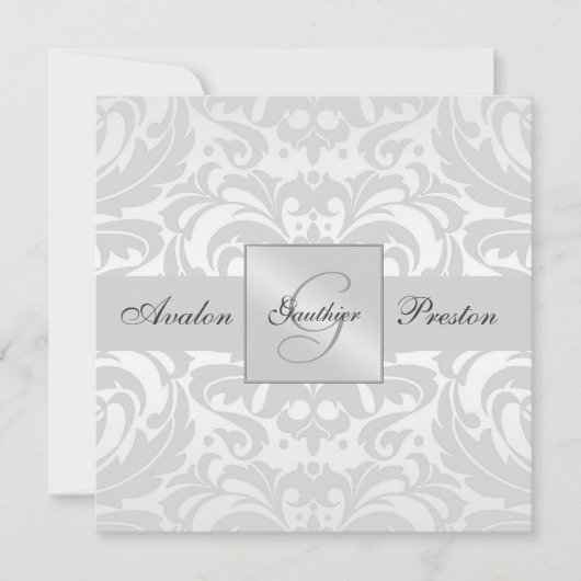 Silver Monogram Damask Hochzeitseinladung Einladung (Vorderseite)