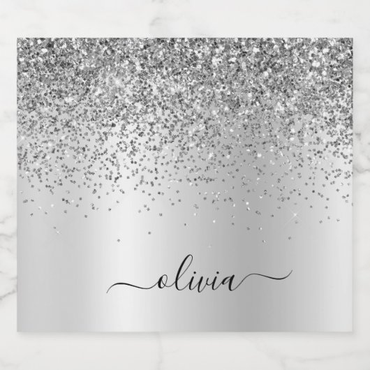 Silver Monogram Glitzer Sparkle Girly Script Alkoholflaschenetikett (Einzelnes Label)