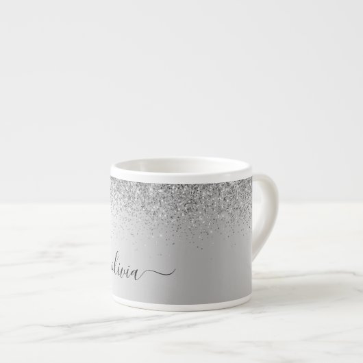 Silver Monogram Glitzer Sparkle Girly Script Espressotasse (Vorderseite Rechts)