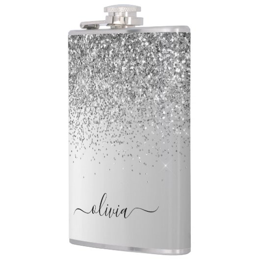 Silver Monogram Glitzer Sparkle Girly Script Flachmann (Links)