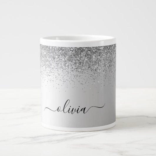 Silver Monogram Glitzer Sparkle Girly Script Jumbo-Tasse (Vorderseite)