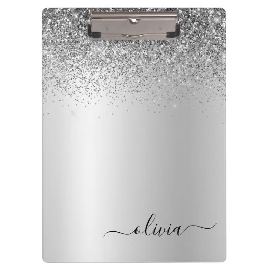 Silver Monogram Glitzer Sparkle Girly Script Klemmbrett (Vorderseite)