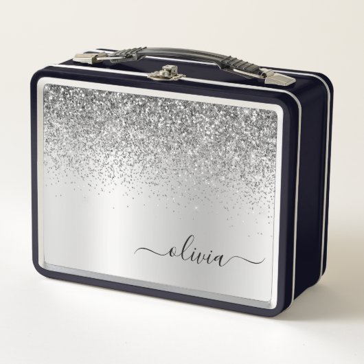 Silver Monogram Glitzer Sparkle Girly Script Metall Brotdose (Vorderseite)