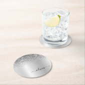 Silver Monogram Glitzer Sparkle Girly Script Runder Pappuntersetzer (Vor Ort)