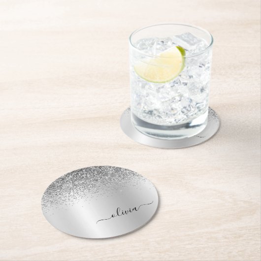 Silver Monogram Glitzer Sparkle Girly Script Runder Pappuntersetzer (Vor Ort)