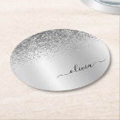 Silver Monogram Glitzer Sparkle Girly Script Runder Pappuntersetzer (Angewinkelt)