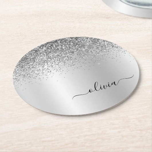 Silver Monogram Glitzer Sparkle Girly Script Runder Pappuntersetzer (Angewinkelt)