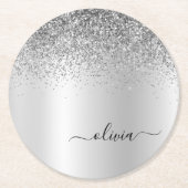 Silver Monogram Glitzer Sparkle Girly Script Runder Pappuntersetzer (Vorderseite)