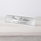 Silver Monogram Glitzer Sparkle Girly Script Schreibtischnamensplakette (Vorderseite )