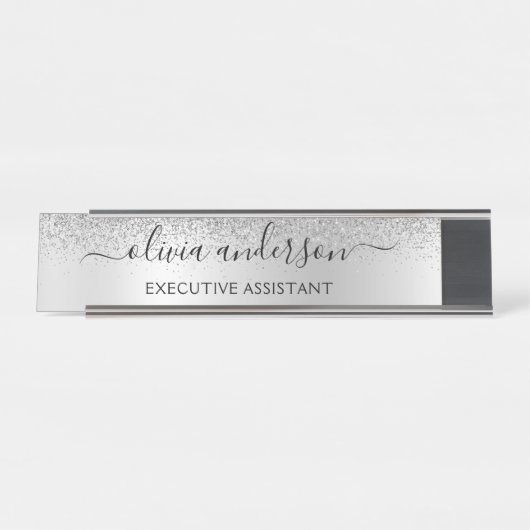 Silver Monogram Glitzer Sparkle Girly Script Schreibtischnamensplakette (Vorderseite )