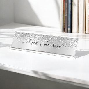 Silver Monogram Glitzer Sparkle Girly Script Schreibtischnamensplakette