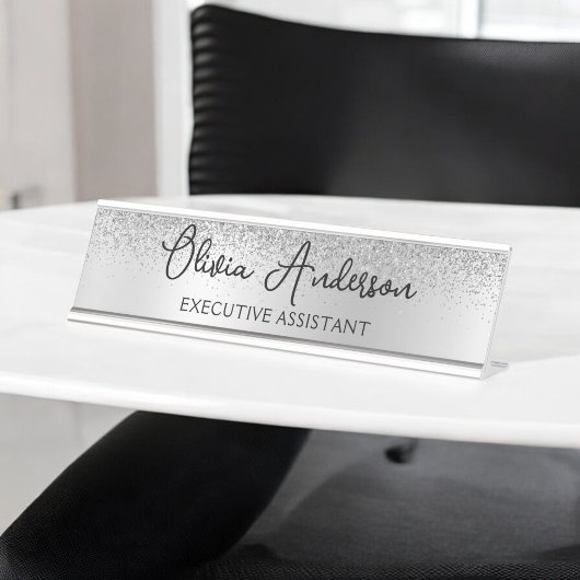 Silver Monogram Glitzer Sparkle Girly Script Schreibtischnamensplakette