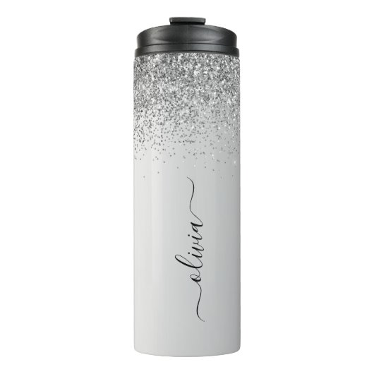 Silver Monogram Glitzer Sparkle Girly Script Thermosbecher (Vorderseite)