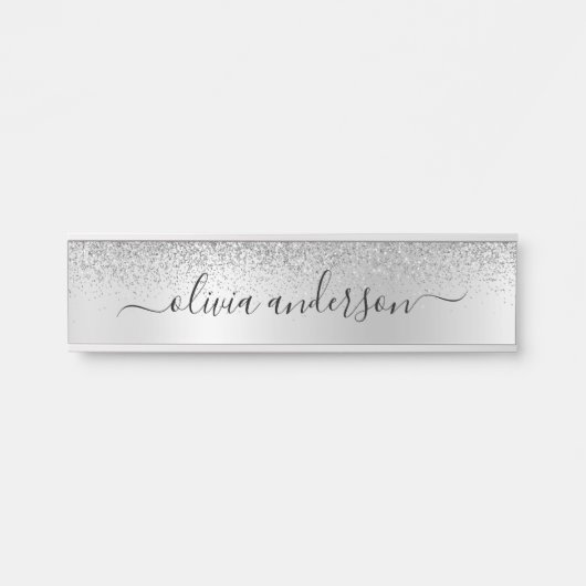 Silver Monogram Glitzer Sparkle Girly Script Türschild (Vorderseite )