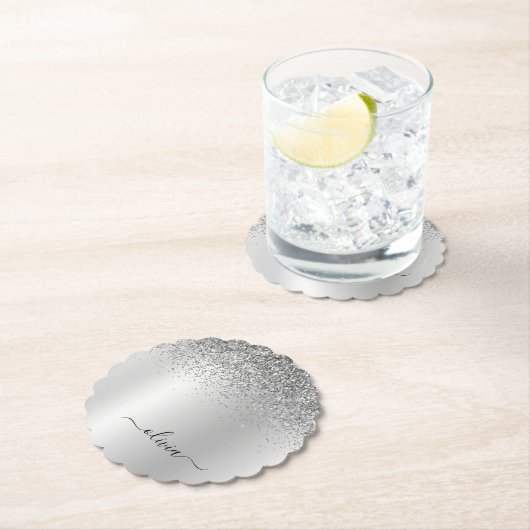 Silver Monogram Glitzer Sparkle Girly Script Untersetzer (Vor Ort)