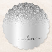 Silver Monogram Glitzer Sparkle Girly Script Untersetzer (Vorderseite)