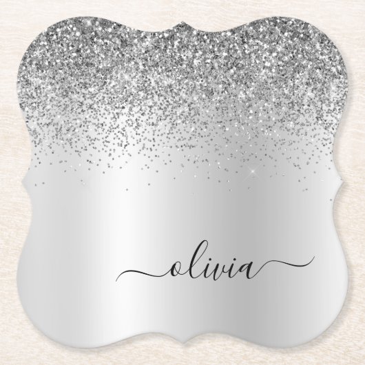 Silver Monogram Glitzer Sparkle Girly Script Untersetzer (Vorderseite)