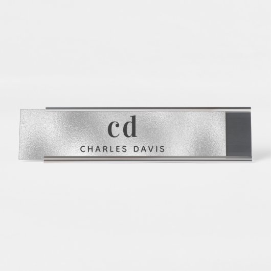 Silver Monogram Initialen minimalistisch modern Schreibtischnamensplakette (Vorderseite )