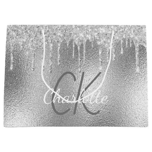 Silver Monogram Name modern elegant Große Geschenktüte (Vorderseite)