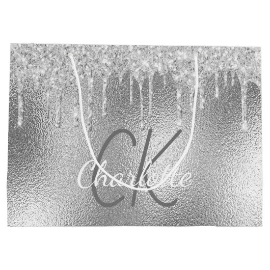 Silver Monogram Name modern elegant Große Geschenktüte (Rückseite)