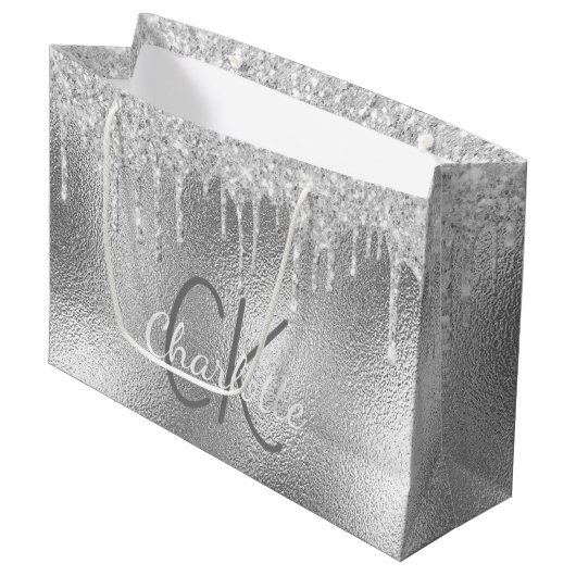 Silver Monogram Name modern elegant Große Geschenktüte (Vorderseite Schrägansicht)