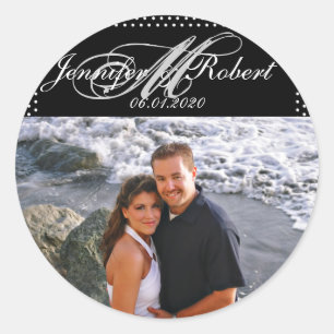 Silver Monogram on Black with Polka Dots Wedding Runder Aufkleber