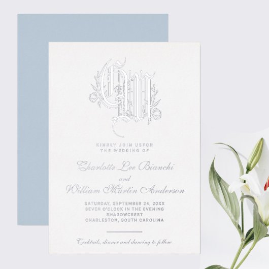 Silver Monogram Wedding Ice Blue Folieneinladung