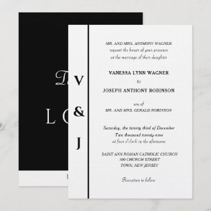 Silver Monogram White Black Wedding Einladung