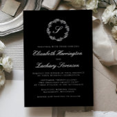Silver Monogram Wreath Script Black Wedding Folieneinladung