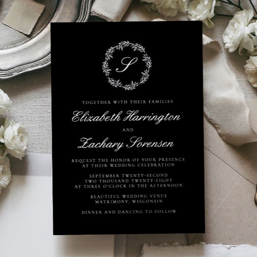 Silver Monogram Wreath Script Black Wedding Folieneinladung