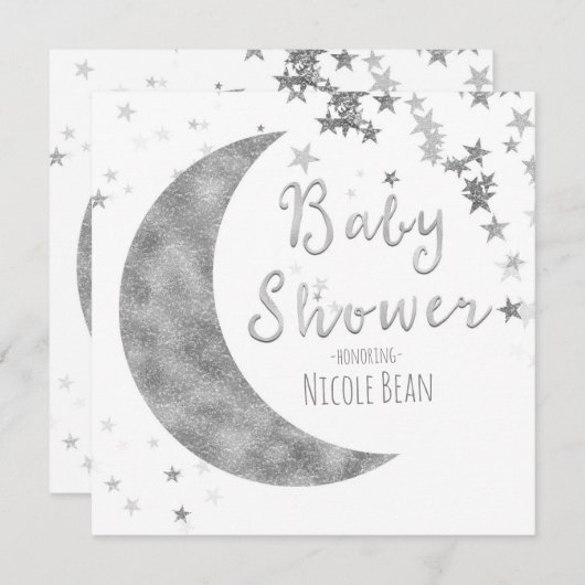 Silver Moon & Stars Baby Dusche Weiße Einladungen (Vorne/Hinten)