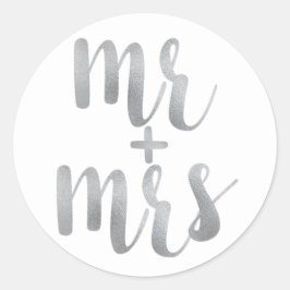 Silver Mr. & Mrs. Aufkleber, Folie Schriftart Runder Aufkleber