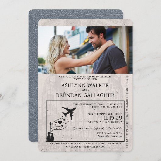 Silver Nashville Passport Wedding Einladung (Vorne/Hinten)