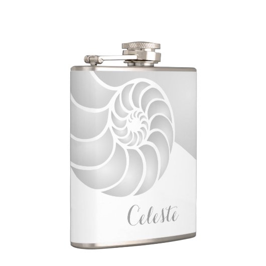 Silver Nautilus-Muschel mit benutzerdefiniertem Mo Flachmann (Rechts)