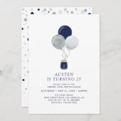 Silver & Navy Balloons Moderne Erwachsene Geburtst Einladung (Vorne/Hinten)