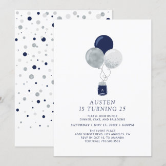 Silver & Navy Balloons Moderne Erwachsene Geburtst Einladung