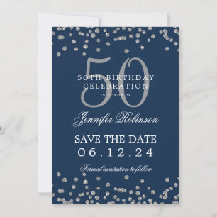 Silver Navy Blue 50 Geburtstag Rett Datum Confetti Einladung