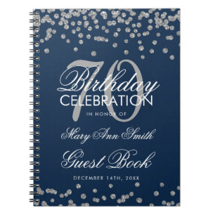 Silver Navy Blue 70. Geburtstag Gästebuch Confetti Notizblock