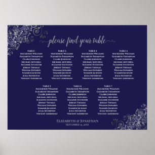 Silver & Navy Blue 7 Table Wedding Chart Poster