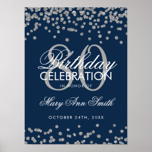 Silver Navy Blue 80. Geburtstag Glitzer Confetti Poster