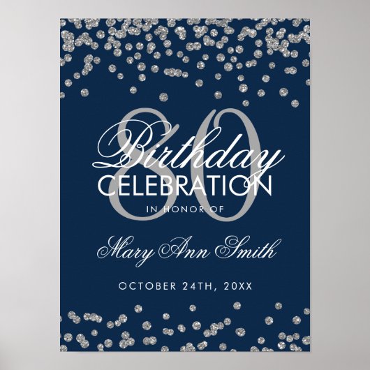 Silver Navy Blue 80. Geburtstag Glitzer Confetti Poster (Vorne)
