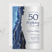 Silver Navy Blue Agate 50. Geburtstag Einladung (Vorderseite)